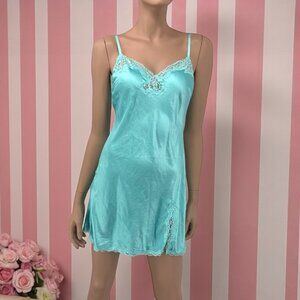 Vintage Y2K Victorias Secret Turquoise Blue Lace Trim Slip Dress Satin Nightgown